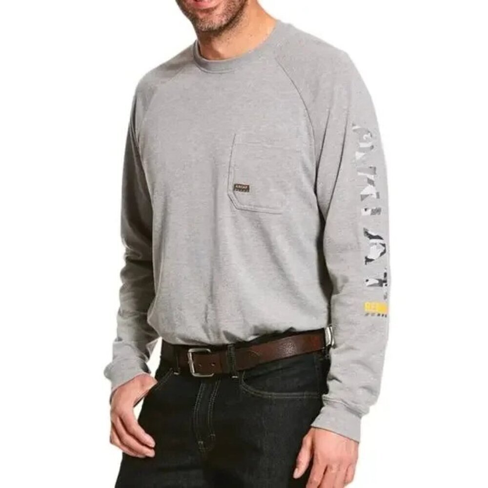 Ariat Rebar T-Shirt Pocket Tee Cotton Strong Camo Sleeve Workwear in Gray 2XL